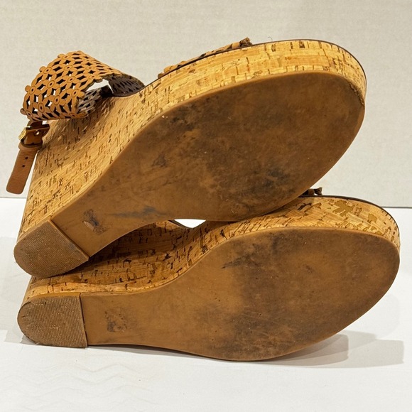 Tory Burch Daisy Cork Wedge Heel Sandals Laser Cut Leather Tan Women's Size 10 M - Picture 10 of 11